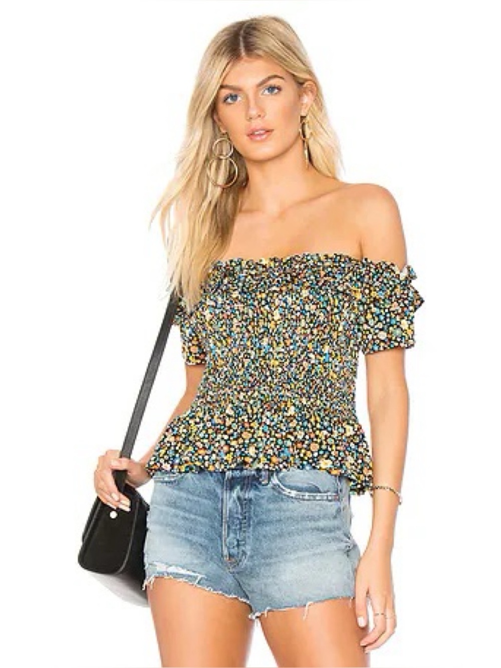 ' BCBGeneration ' Black Floral Off Shoulder Smocked Crop Top size XS